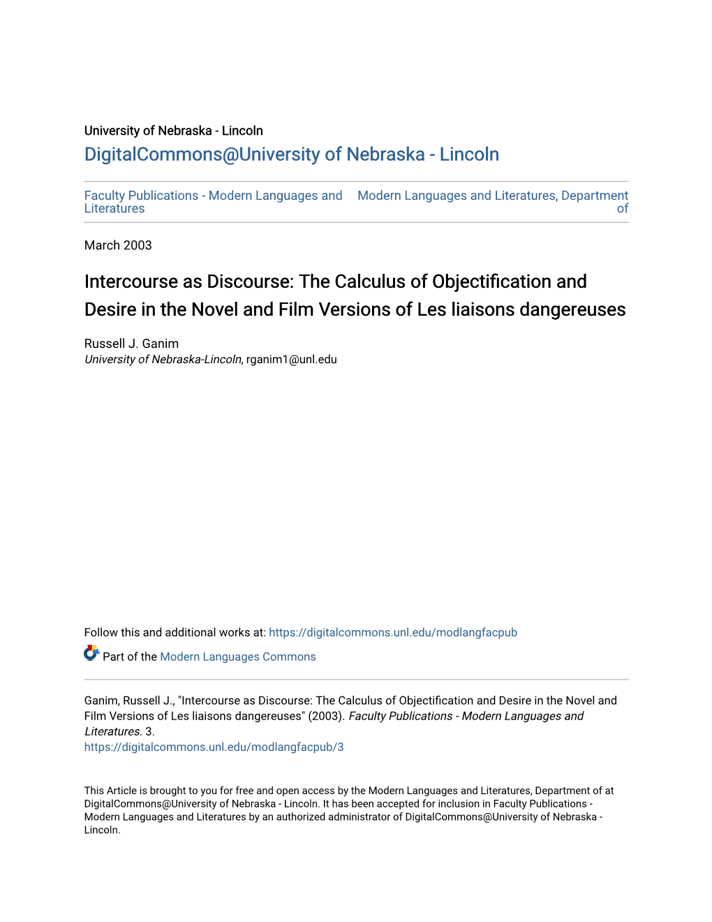 The Calculus of Objectification and Desire in the Novel and Film Versions of Les Liaisons Dangereuses