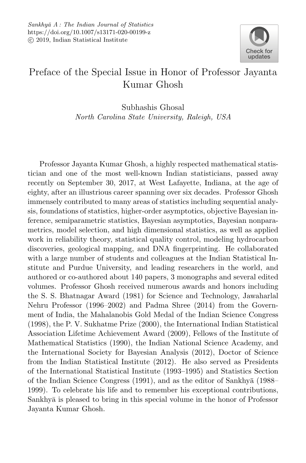 Preface of the Special Issue in Honor of Professor Jayanta Kumar Ghosh