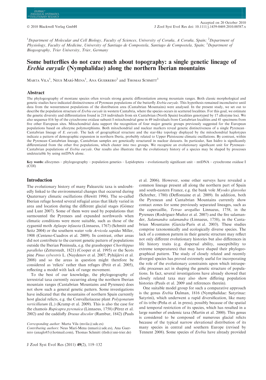 A Single Genetic Lineage of Erebia Euryale (Nymphalidae) Along the Northern Iberian Mountains