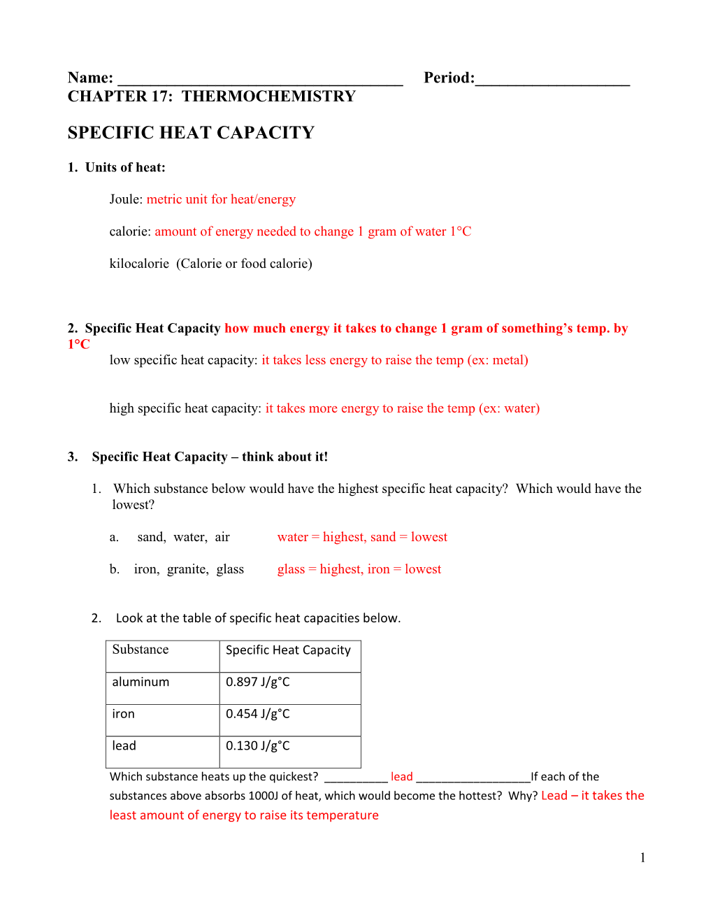 Specific Heat Capacity and Calorimetry