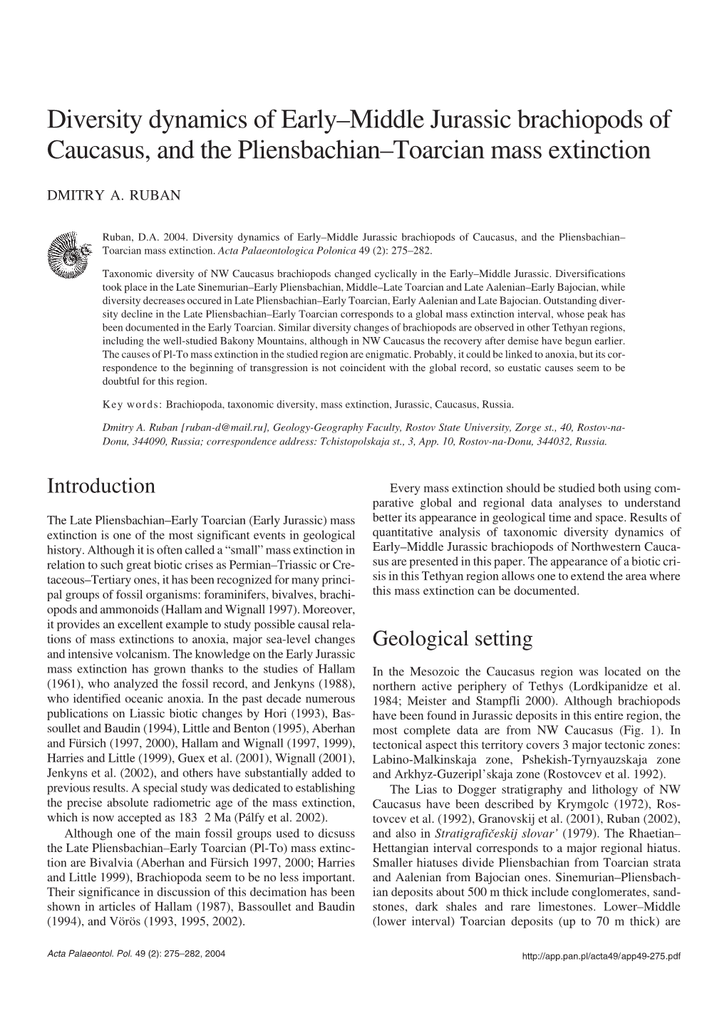 Diversity Dynamics of Early–Middle Jurassic Brachiopods of Caucasus, and the Pliensbachian–Toarcian Mass Extinction