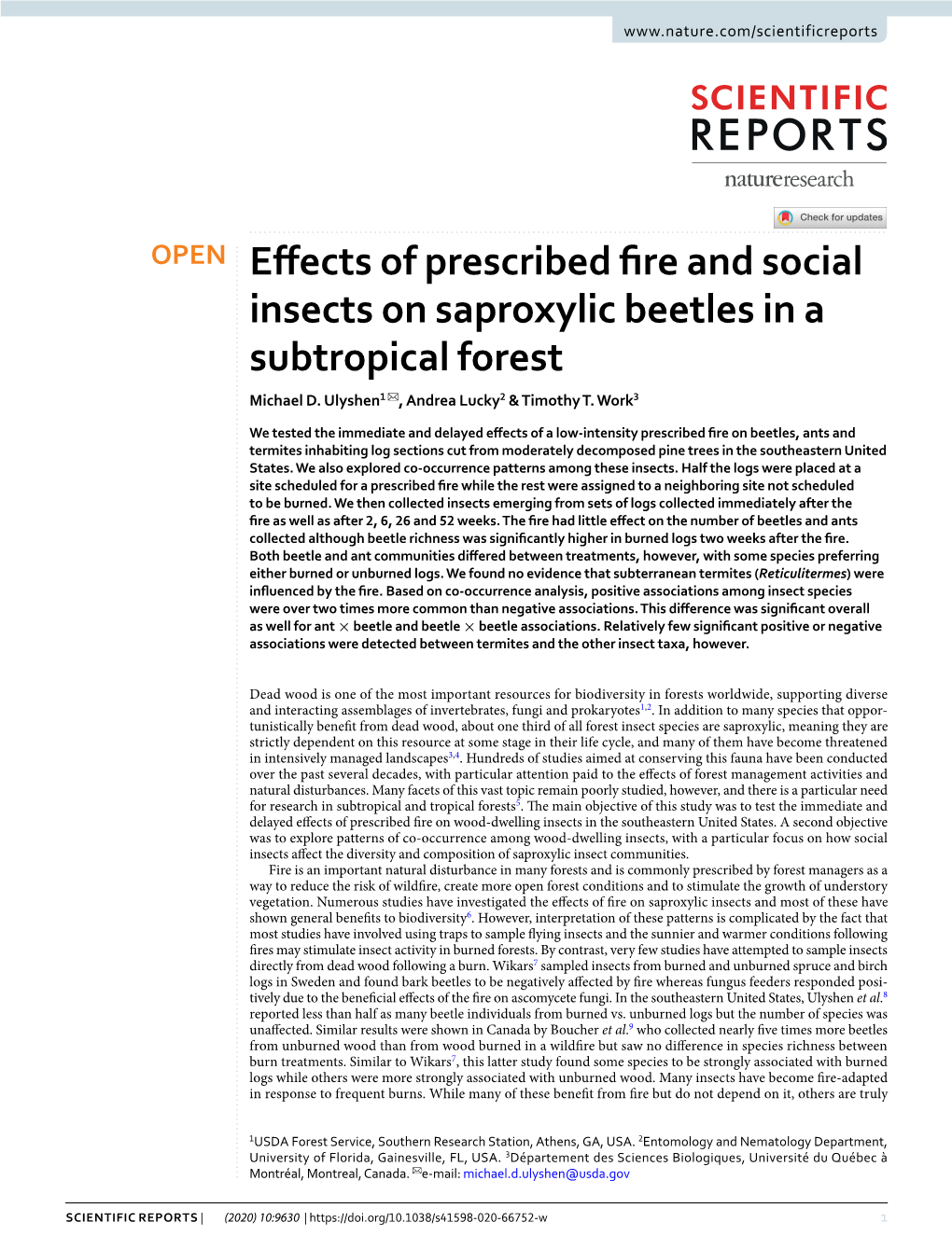 Effects of Prescribed Fire and Social Insects on Saproxylic Beetles in a Subtropical Forest