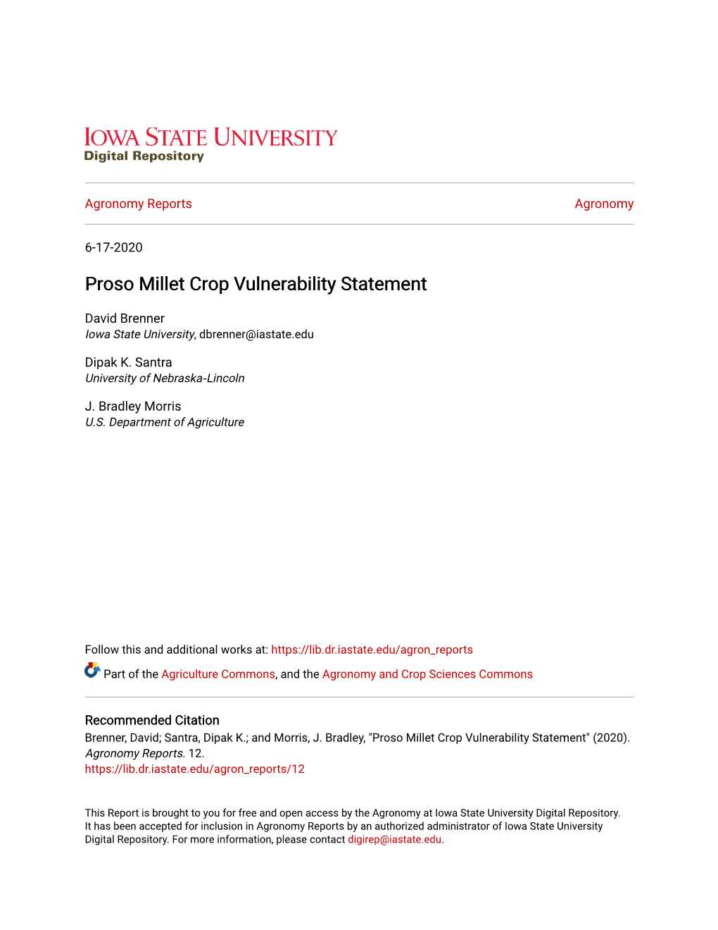 Proso Millet Crop Vulnerability Statement