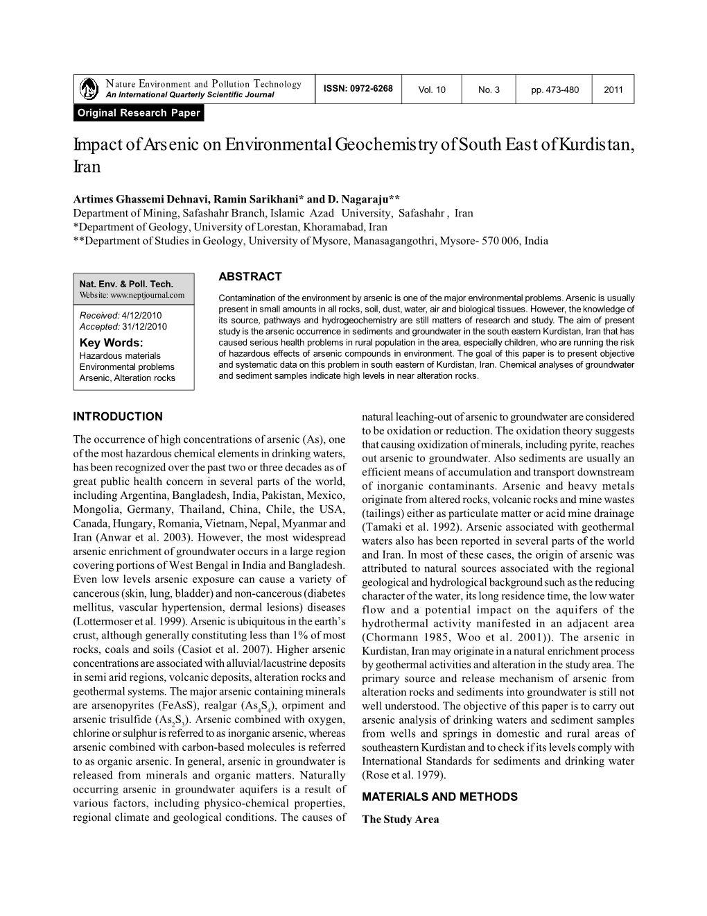 Impact of Arsenic on Environmental Geochemistry of South East of Kurdistan, Iran