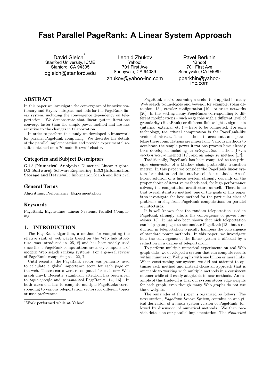 Fast Parallel Pagerank: a Linear System Approach