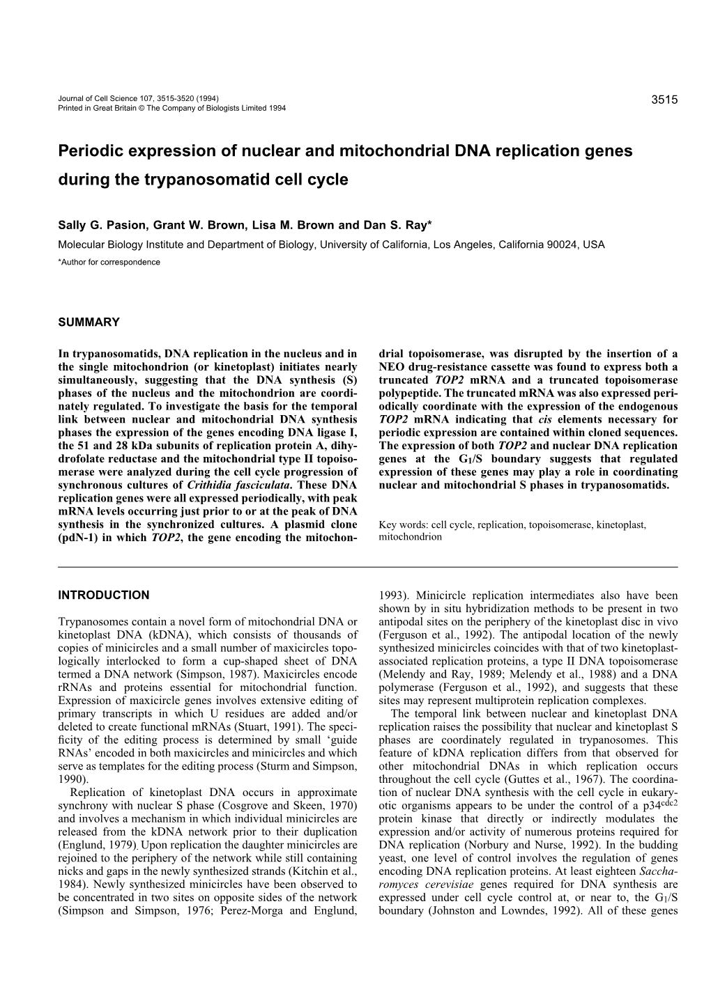 Periodic Expression of Nuclear and Mitochondrial DNA Replication Genes During the Trypanosomatid Cell Cycle