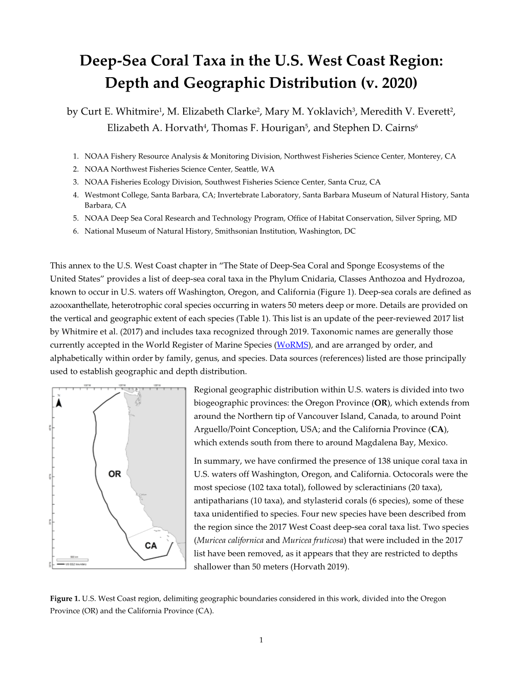 Deep-Sea Coral Taxa in the U.S. West Coast Region: Depth and Geographic Distribution (V