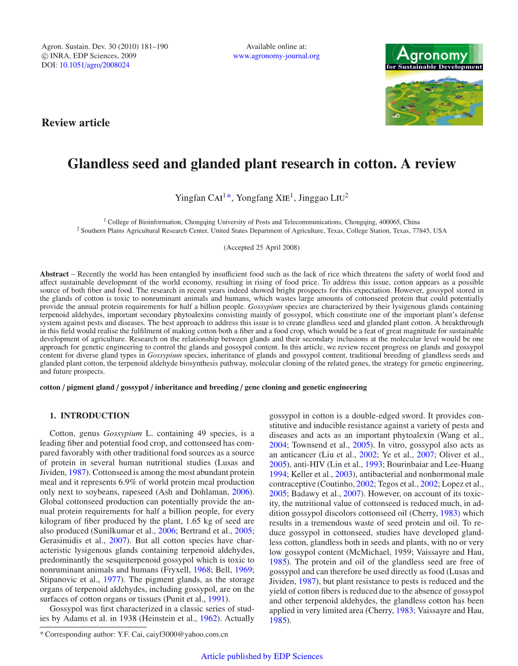 Glandless Seed and Glanded Plant Research in Cotton. a Review