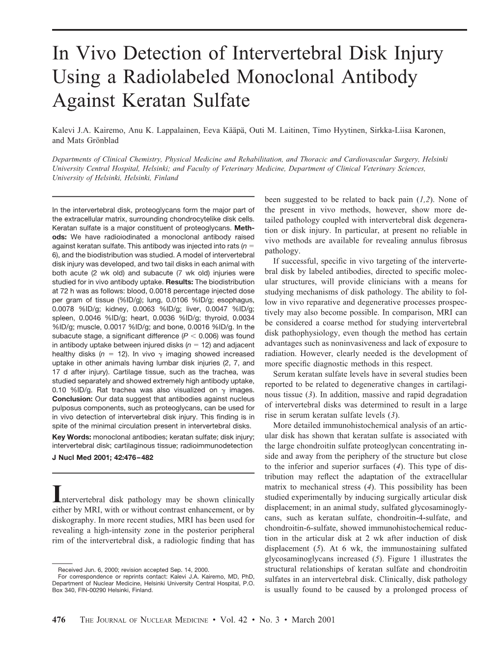 In Vivo Detection of Intervertebral Disk Injury Using a Radiolabeled Monoclonal Antibody Against Keratan Sulfate