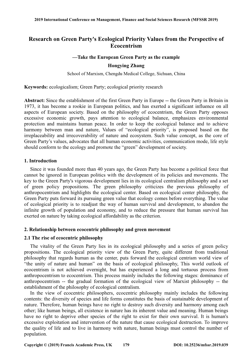 Research on Green Party's Ecological Priority Values from the Perspective of Ecocentrism