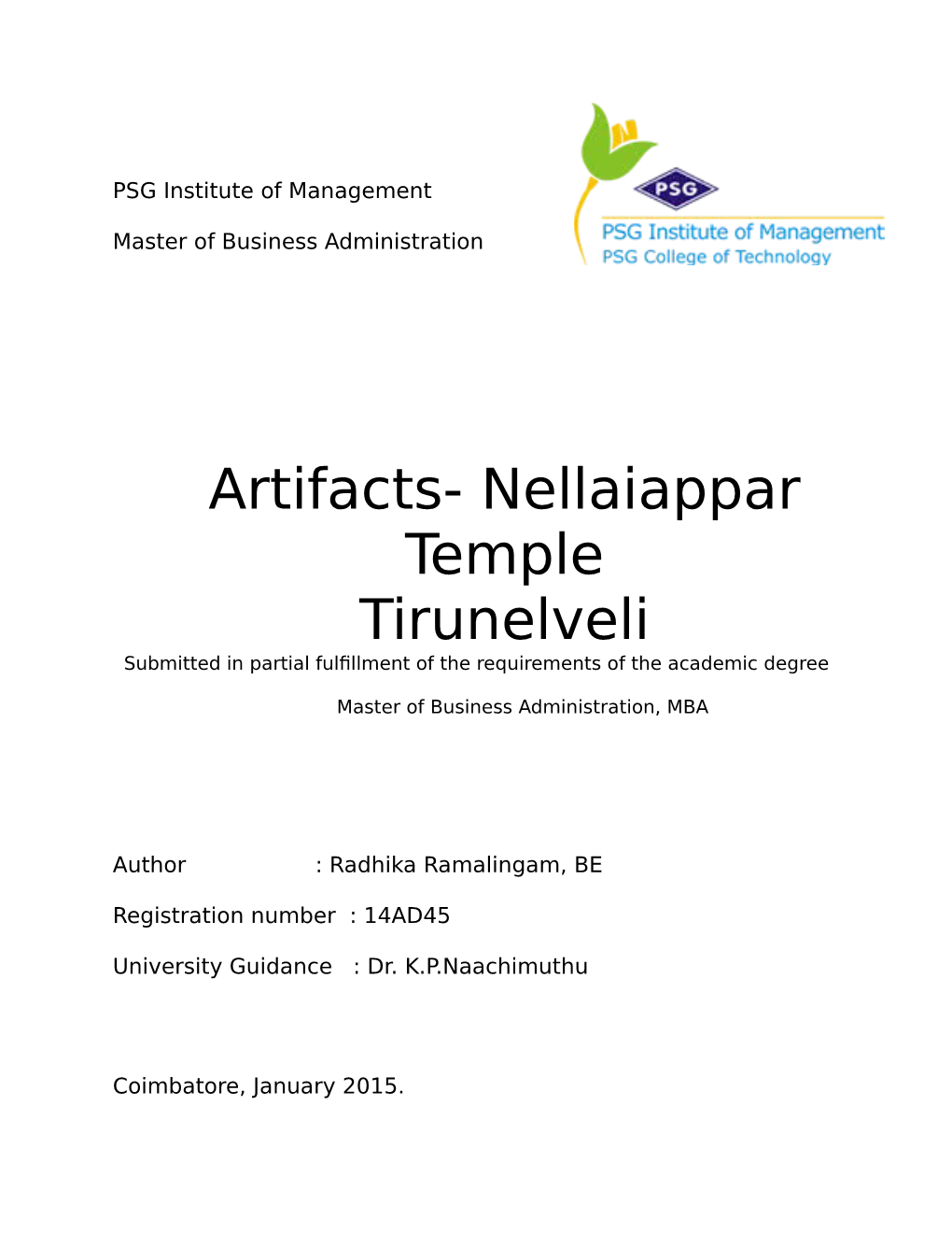 Artifacts- Nellaiappar Temple Tirunelveli Submitted in Partial Fulfillment of the Requirements of the Academic Degree