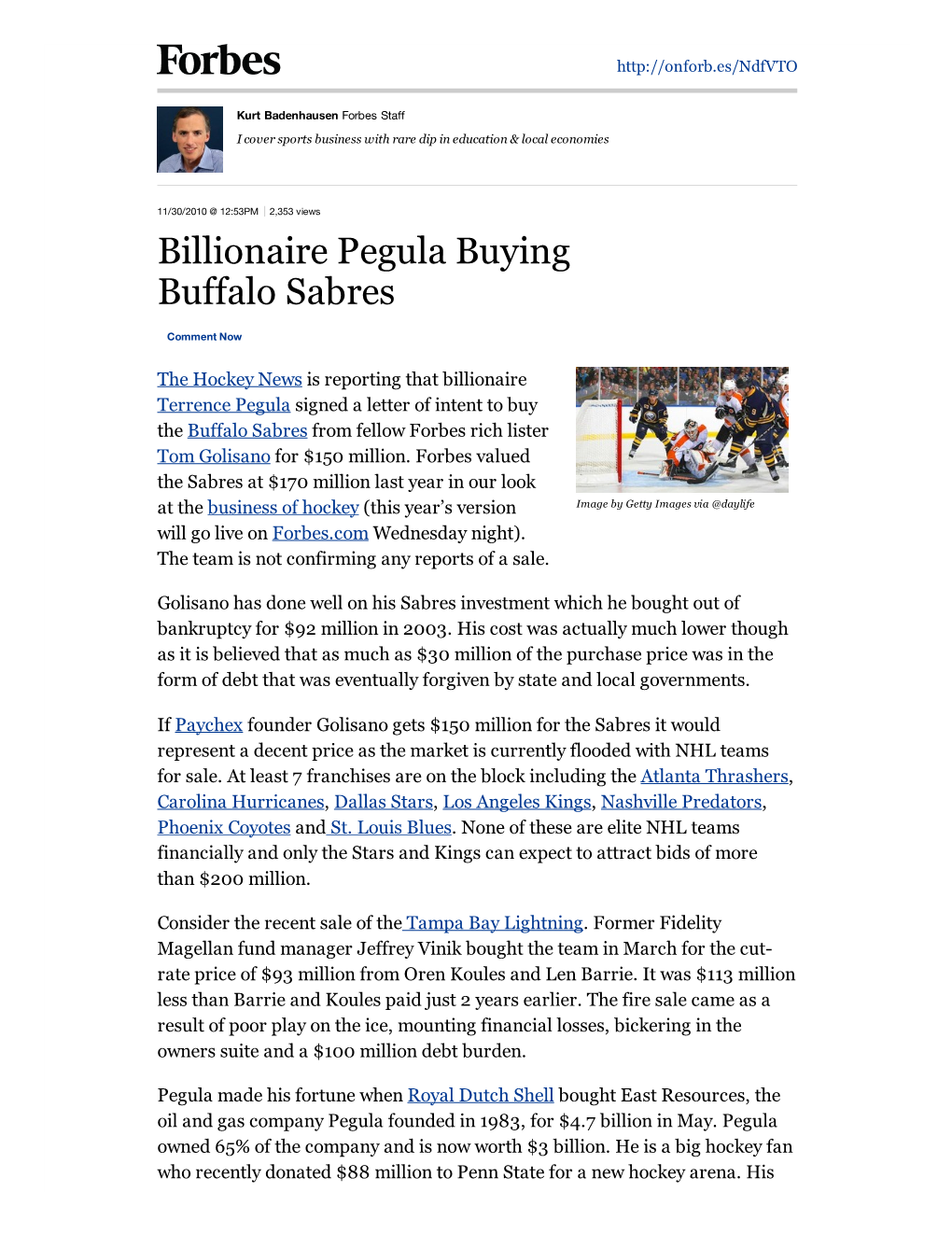 Billionaire Pegula Buying Buffalo Sabres