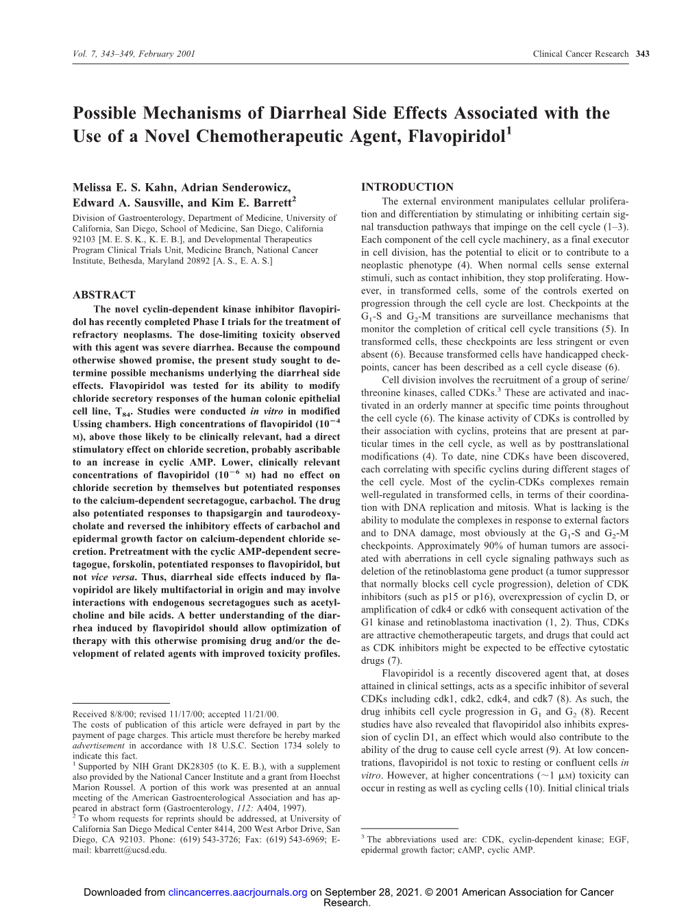 Possible Mechanisms of Diarrheal Side Effects Associated with the Use of a Novel Chemotherapeutic Agent, Flavopiridol1