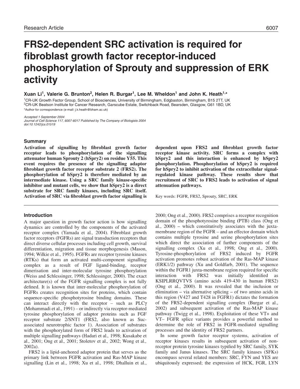 FRS2-Dependent SRC Activation Is Required for Fibroblast Growth Factor