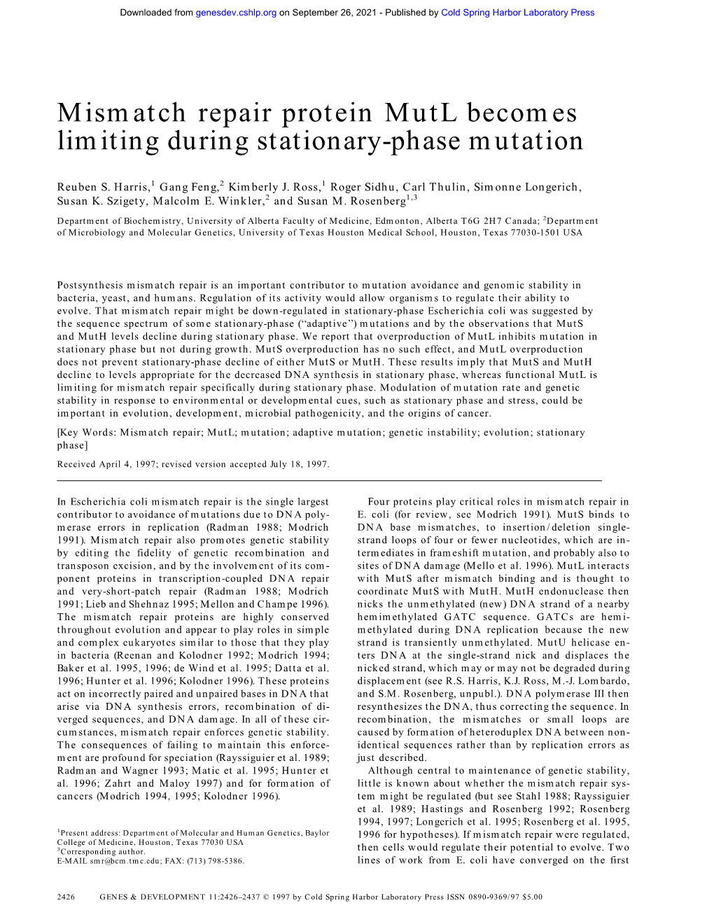 Mismatch Repair Protein Mutl Becomes Limiting During Stationary-Phase Mutation