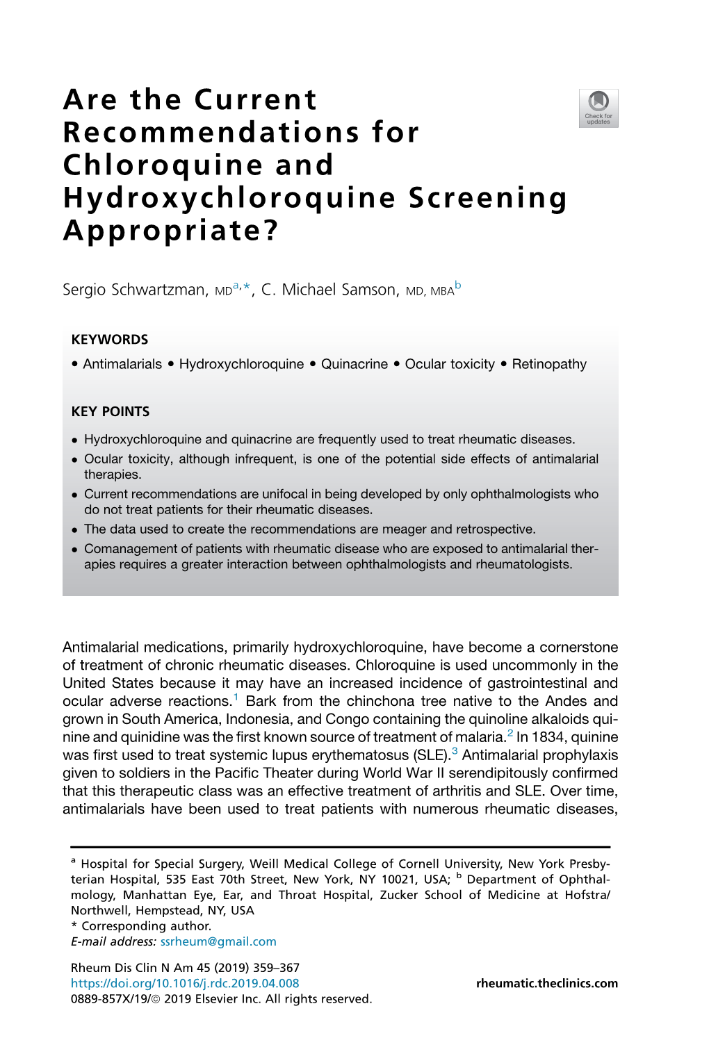 Are the Current Recommendations for Chloroquine and Hydroxychloroquine Screening Appropriate?