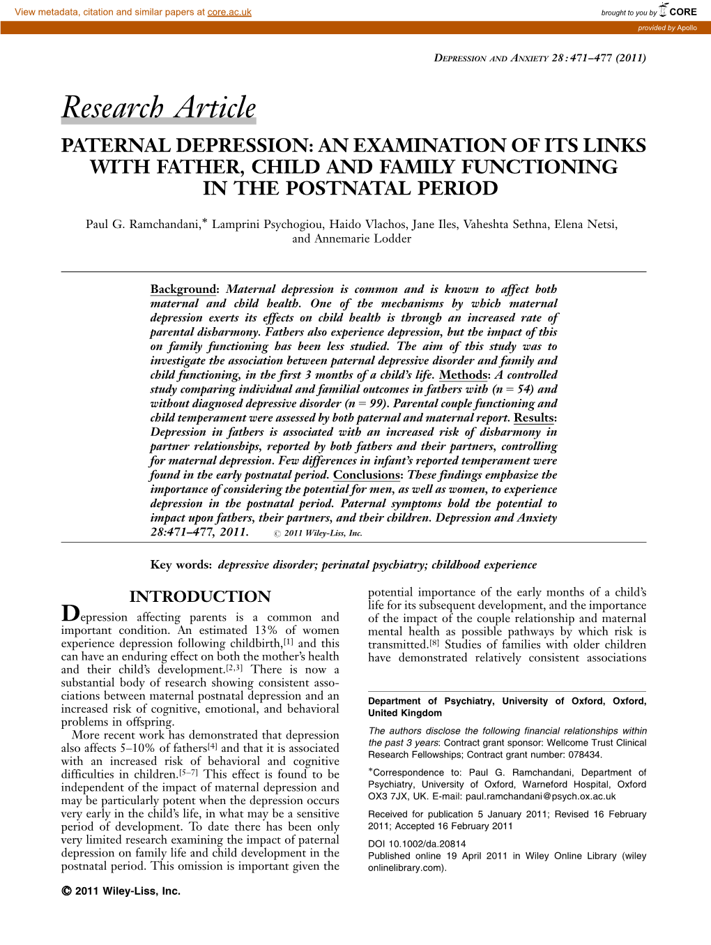 Paternal Depression: an Examination of Its Links with Father, Child and Family Functioning in the Postnatal Period