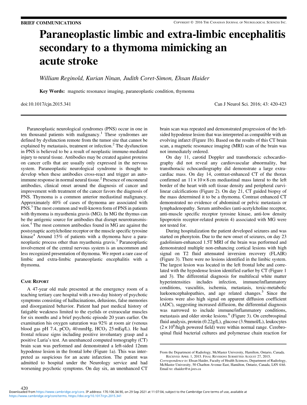 Paraneoplastic Limbic and Extra-Limbic Encephalitis Secondary to a Thymoma Mimicking an Acute Stroke