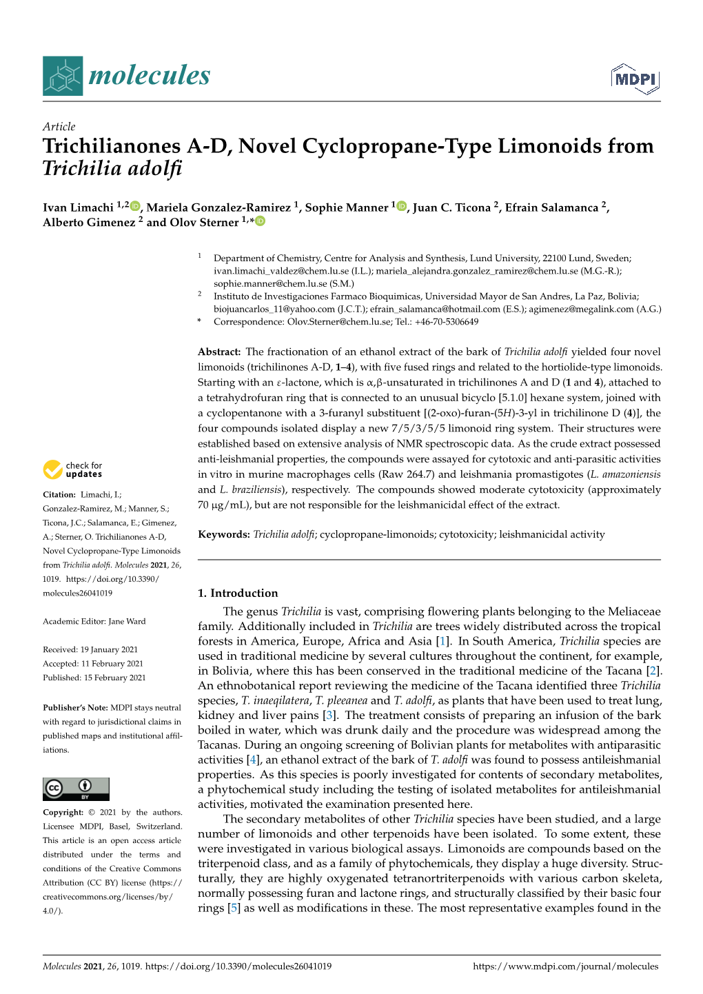 Trichilianones A-D, Novel Cyclopropane-Type Limonoids from Trichilia Adolﬁ