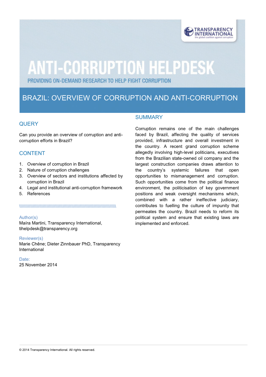 Brazil: Overview of Corruption and Anti-Corruption