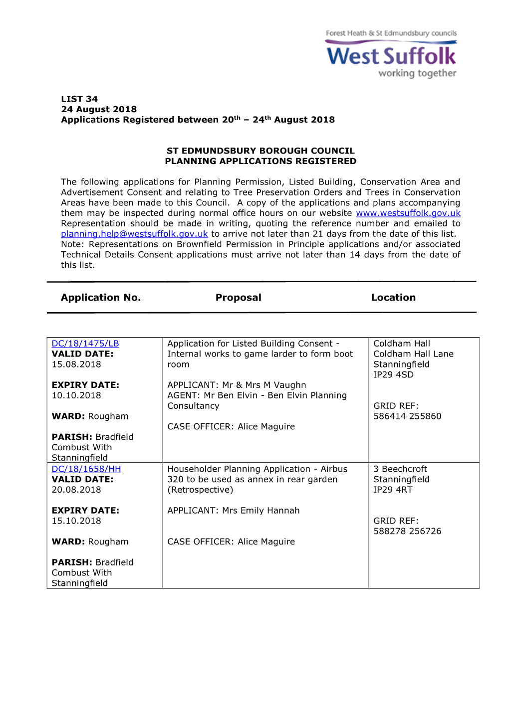 SEBC Planning Applications 34/18