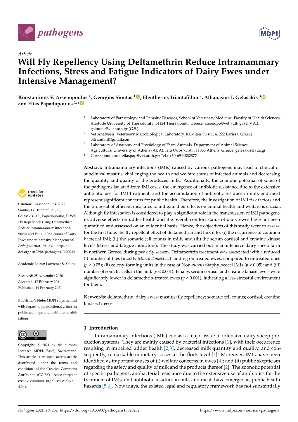 Will Fly Repellency Using Deltamethrin Reduce Intramammary Infections, Stress and Fatigue Indicators of Dairy Ewes Under Intensive Management?