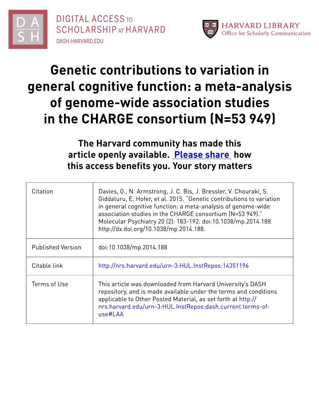 Genetic Contributions to Variation in General Cognitive Function: a Meta-Analysis of Genome-Wide Association Studies in the CHARGE Consortium (N=53 949)