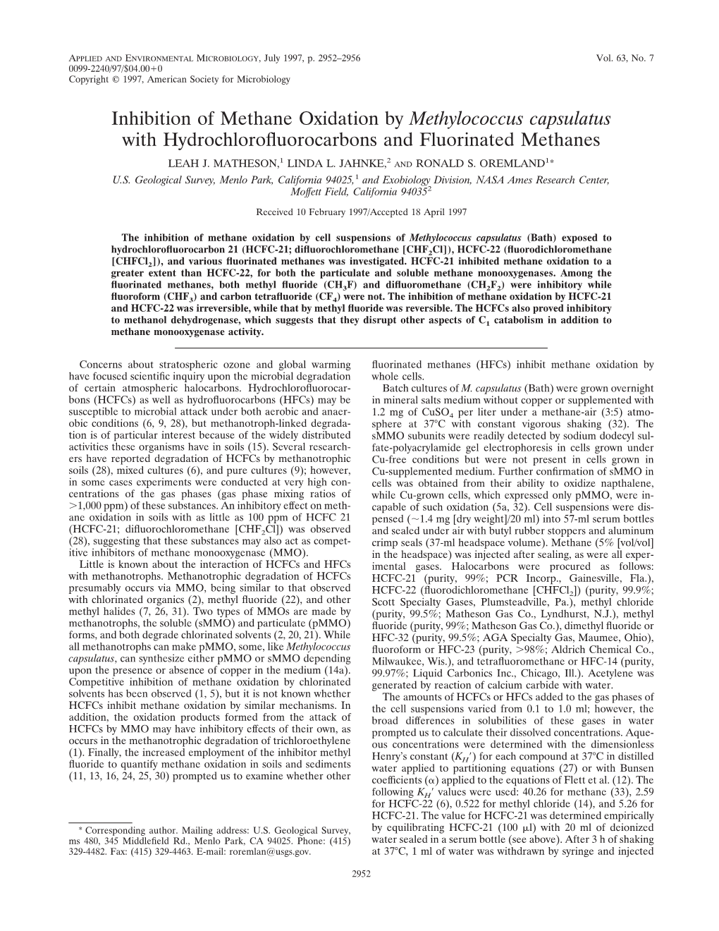 Inhibition of Methane Oxidation by Methylococcus Capsulatus with Hydrochlorofluorocarbons and Fluorinated Methanes