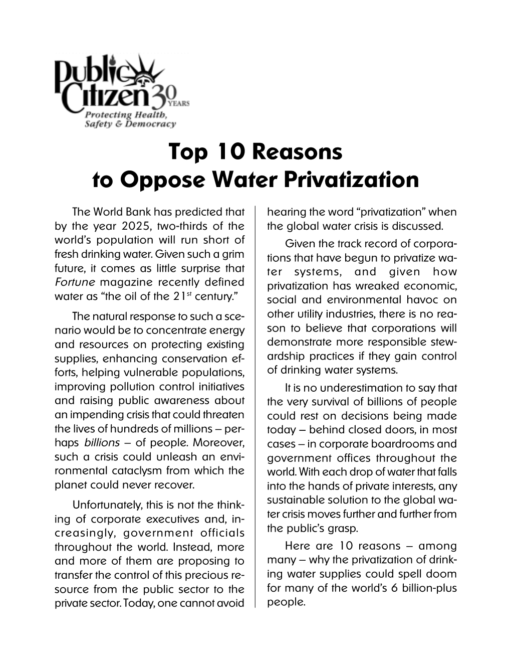 Top 10 Reasons to Oppose Water Privatization