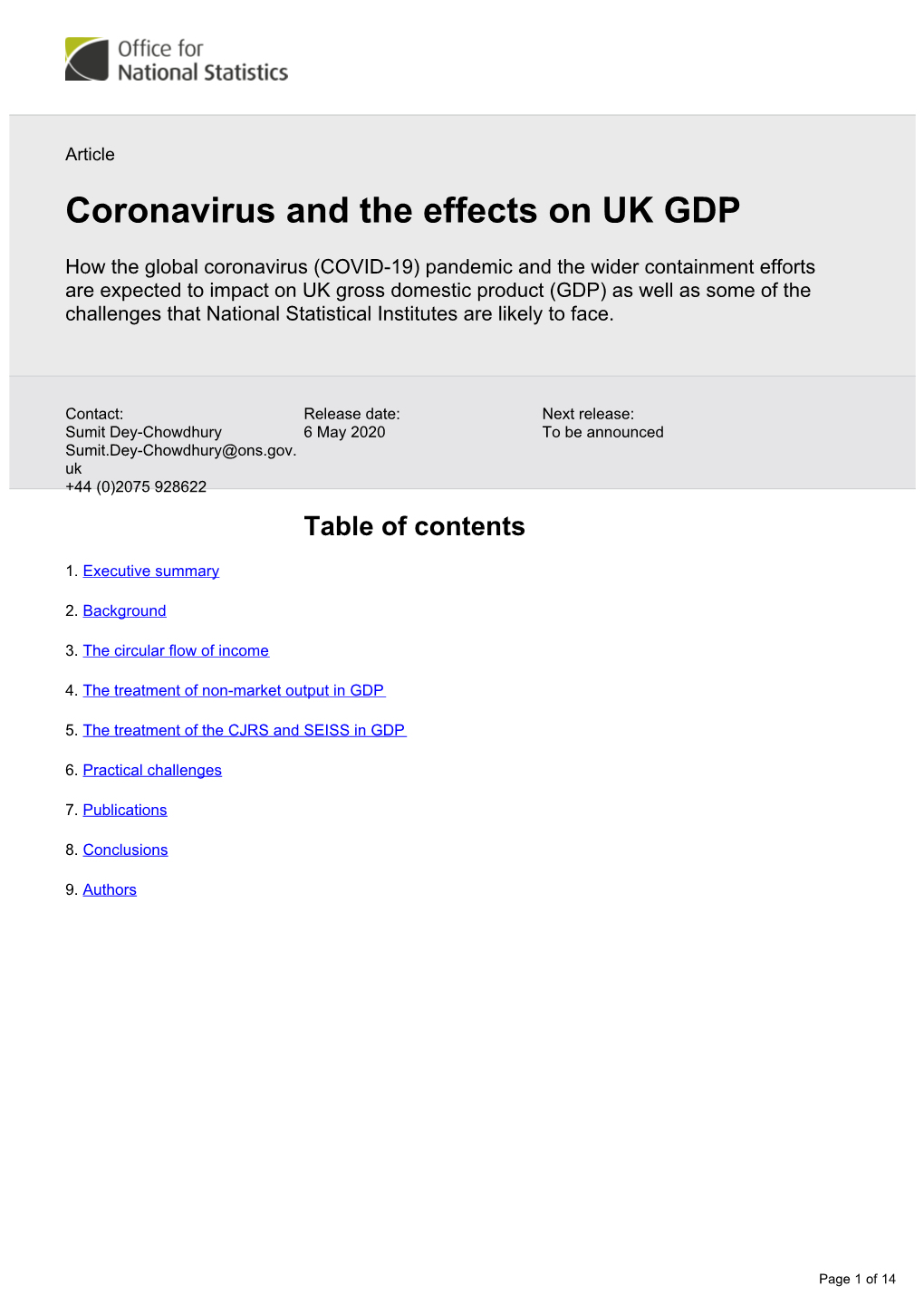 Coronavirus and the Effects on UK GDP