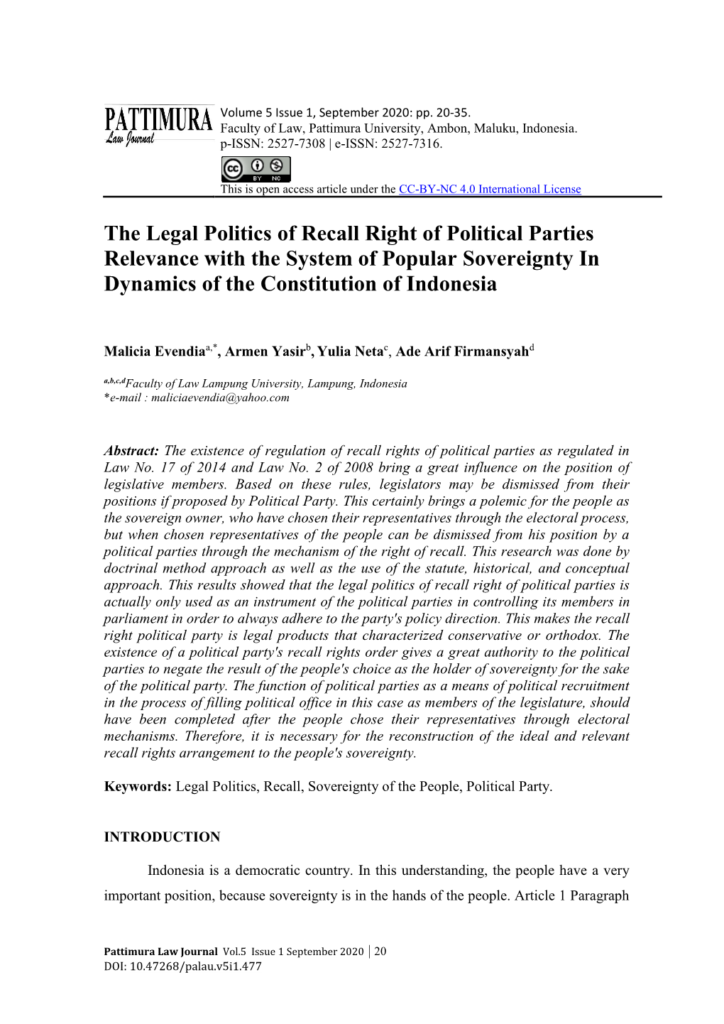 The Legal Politics of Recall Right of Political Parties Relevance with the System of Popular Sovereignty in Dynamics of the Constitution of Indonesia