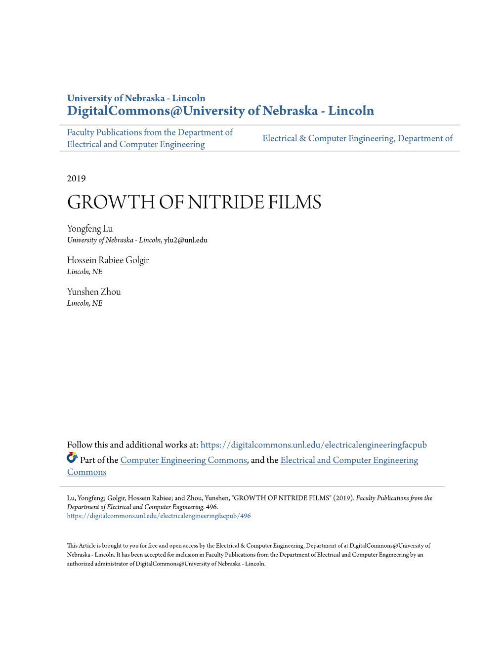 GROWTH of NITRIDE FILMS Yongfeng Lu University of Nebraska - Lincoln, Ylu2@Unl.Edu