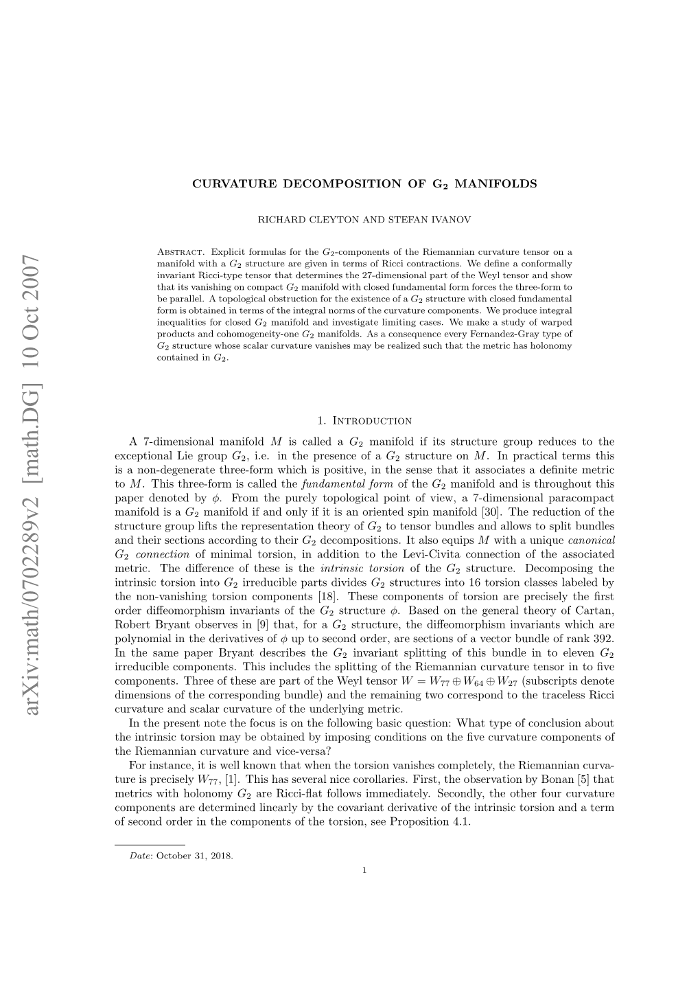 [Math.DG] 10 Oct 2007 Opnns He Fteeaepr Ftewy Tensor Weyl the C of Riemannian Part the Are These of of Splitting Three the Components