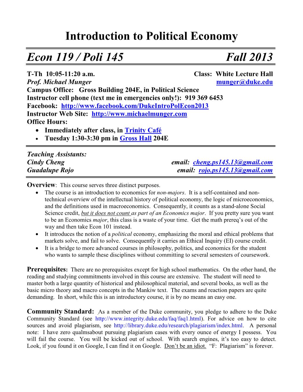 Introduction to Political Economy Econ 119 / Poli 145 Fall 2013