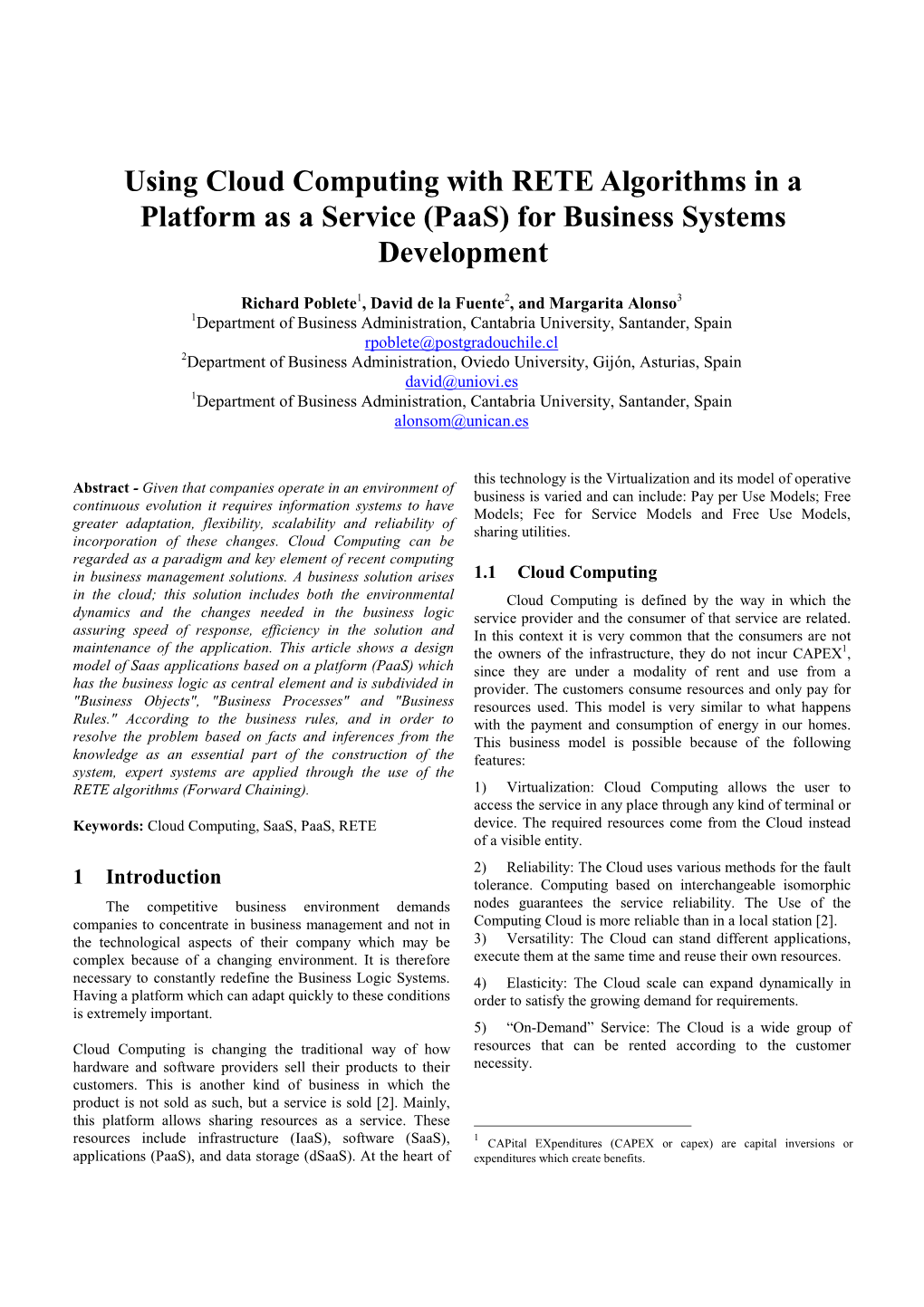 Using Cloud Computing with RETE Algorithms in a Platform As a Service (Paas) for Business Systems Development