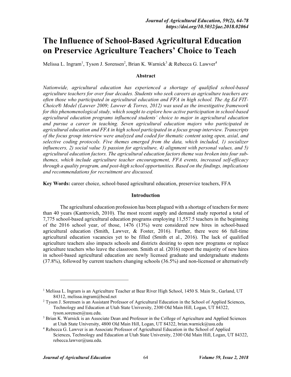 The Influence of School-Based Agricultural Education on Preservice Agriculture Teachers’ Choice to Teach