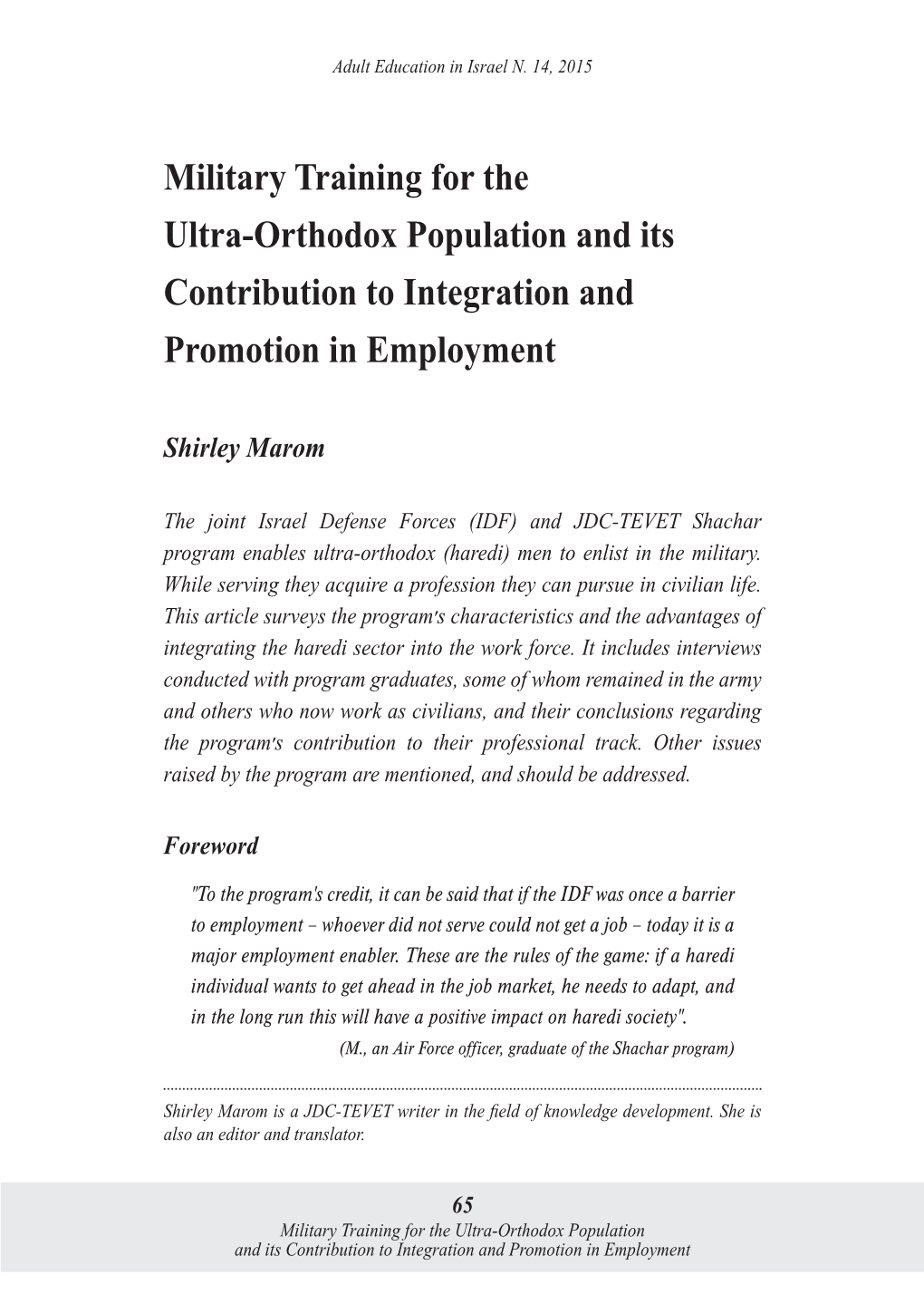 Military Training for the Ultra-Orthodox Population and Its Contribution to Integration and Promotion in Employment