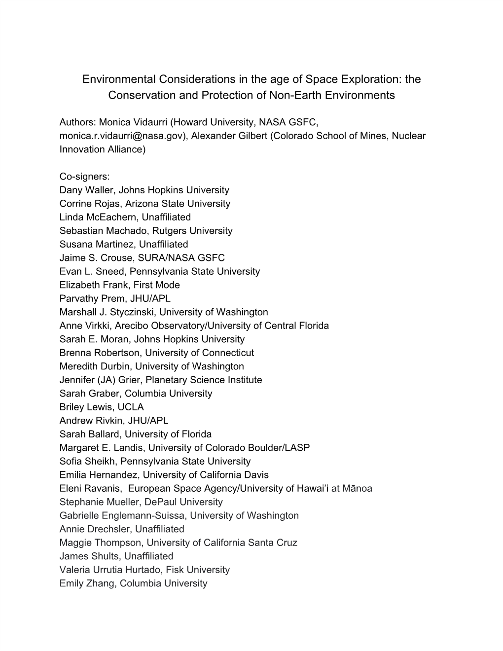 Environmental Considerations in the Age of Space Exploration: the Conservation and Protection of Non-Earth Environments