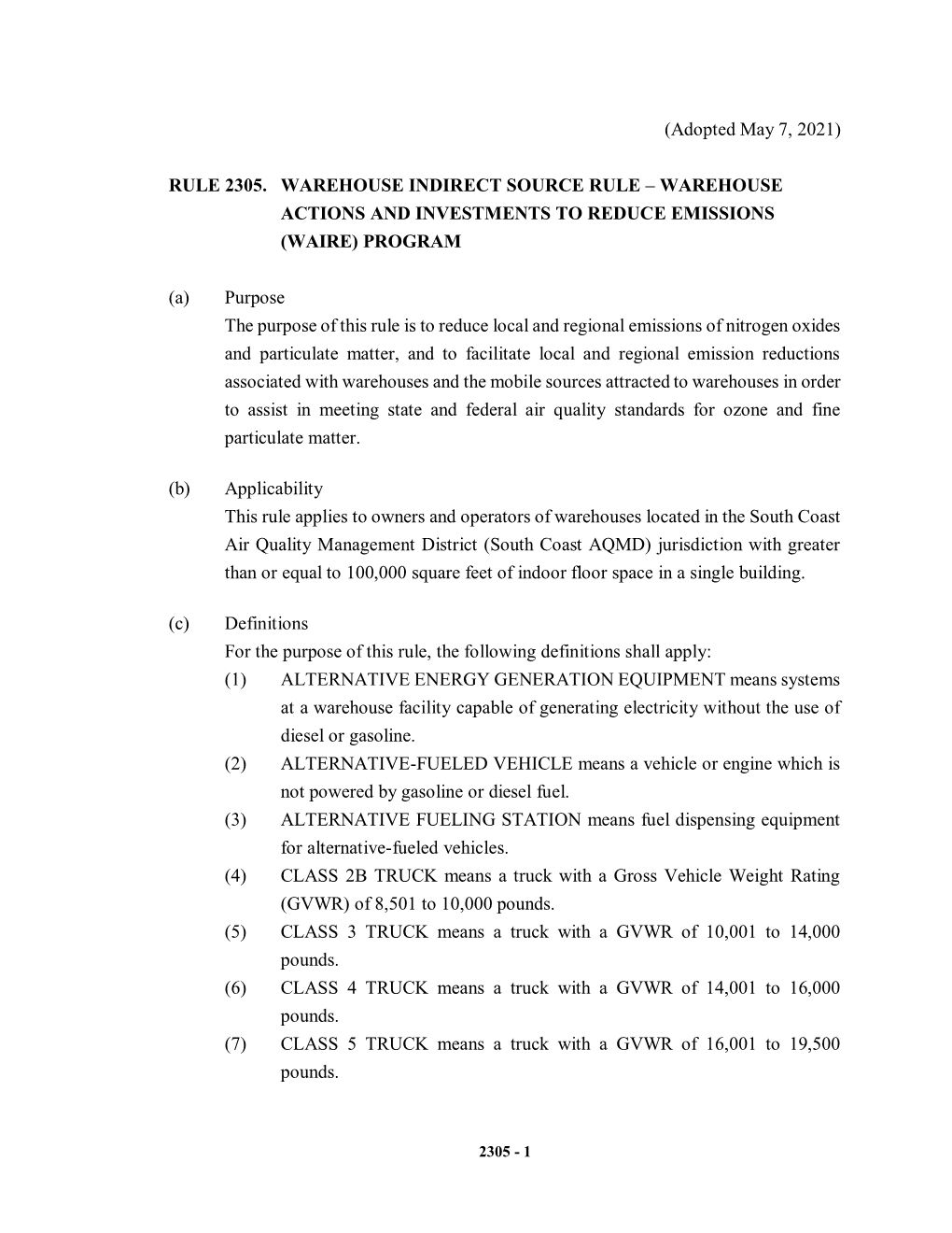 (Adopted May 7, 2021) RULE 2305. WAREHOUSE INDIRECT SOURCE