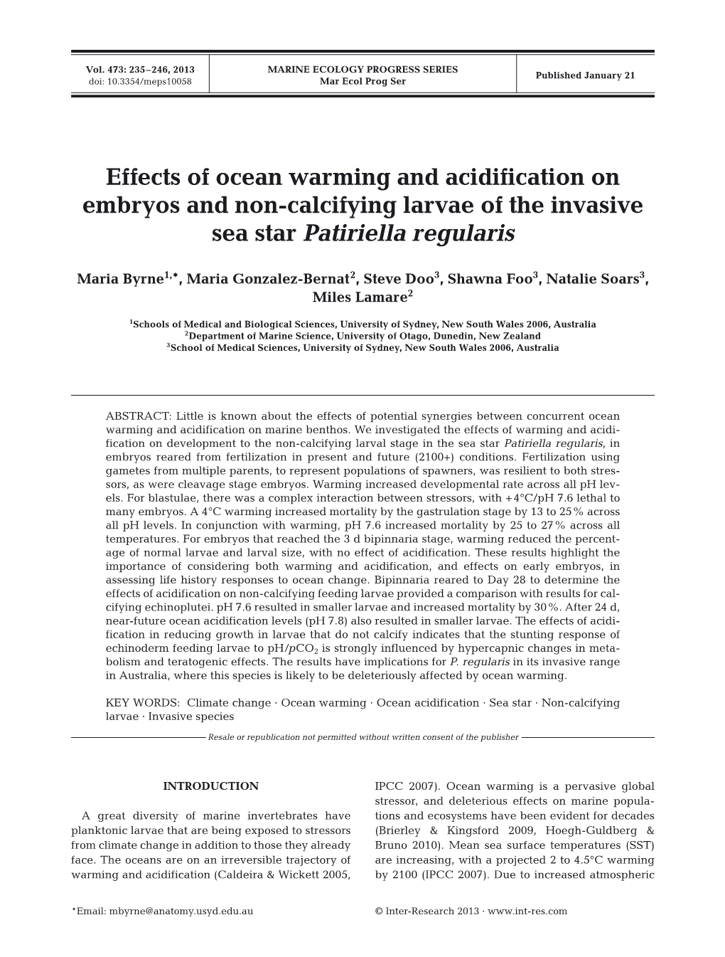Effects of Ocean Warming and Acidification on Embryos and Non-Calcifying Larvae of the Invasive Sea Star Patiriella Regularis