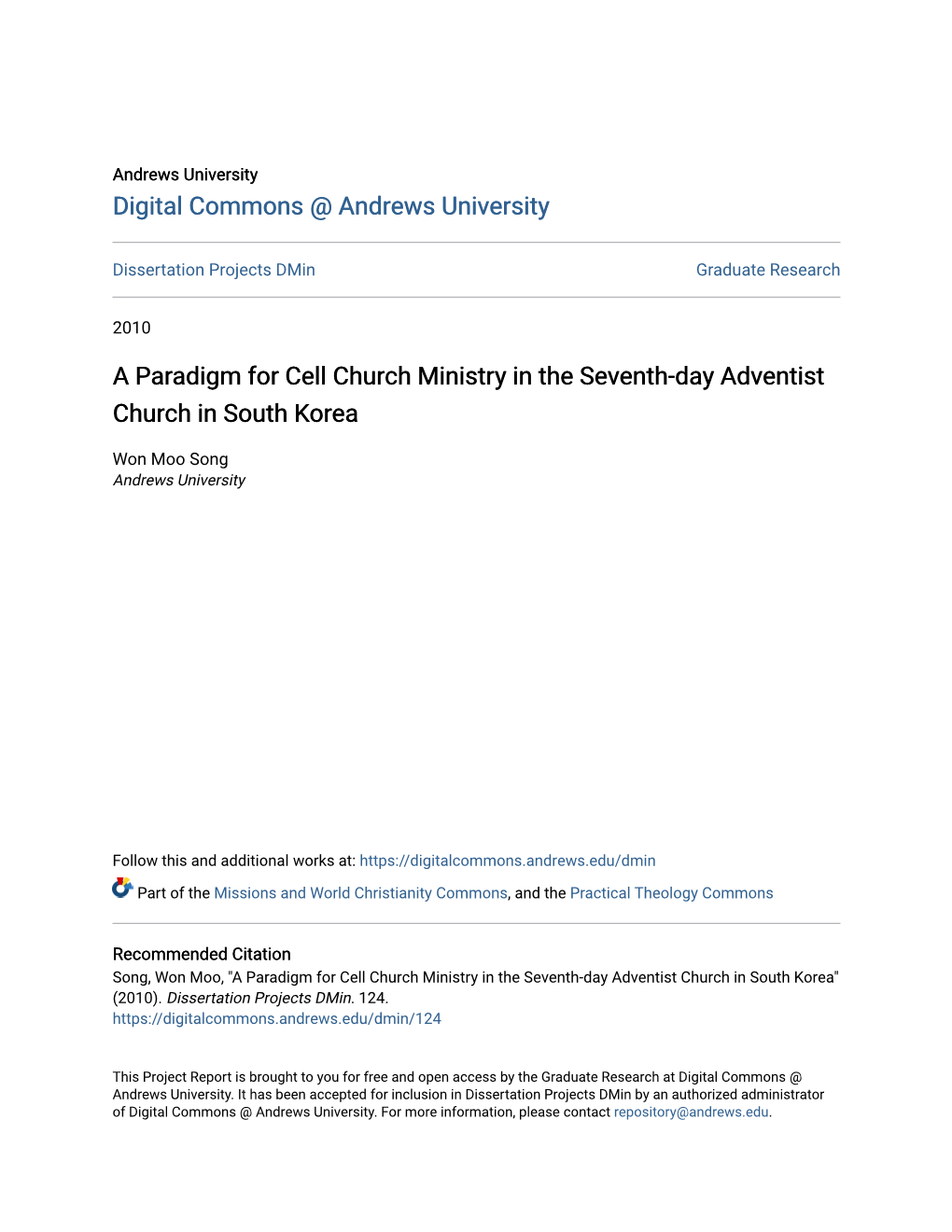 A Paradigm for Cell Church Ministry in the Seventh-Day Adventist Church in South Korea