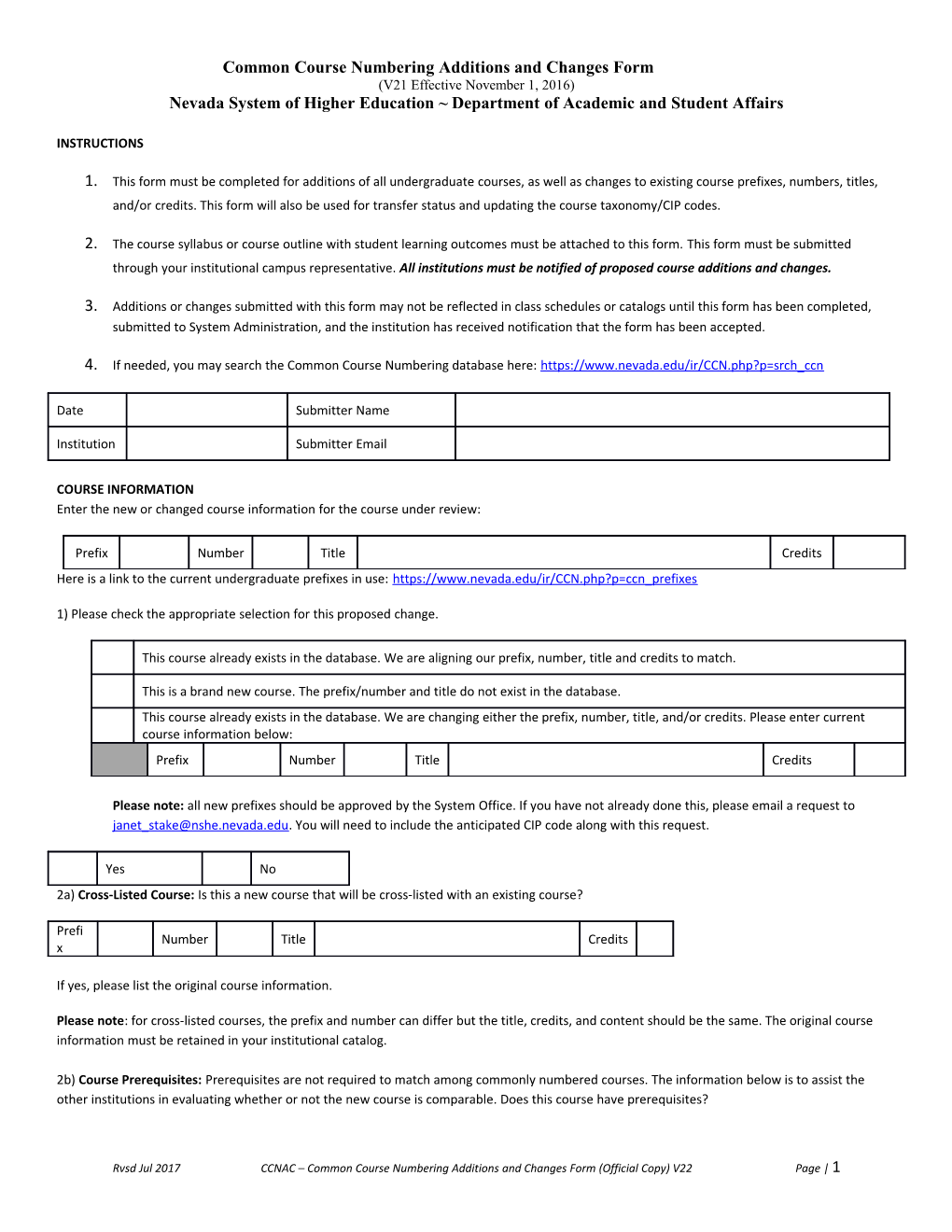 Common Course Numbering Additions and Changes Form