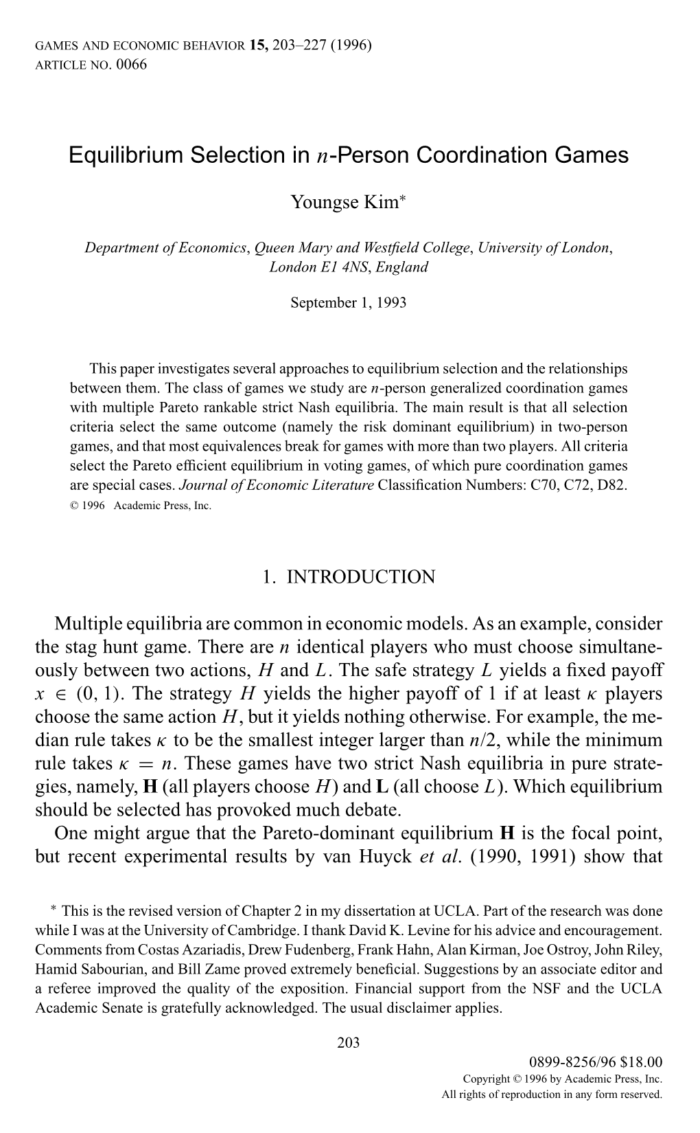 Equilibrium Selection in N-Person Coordination Games