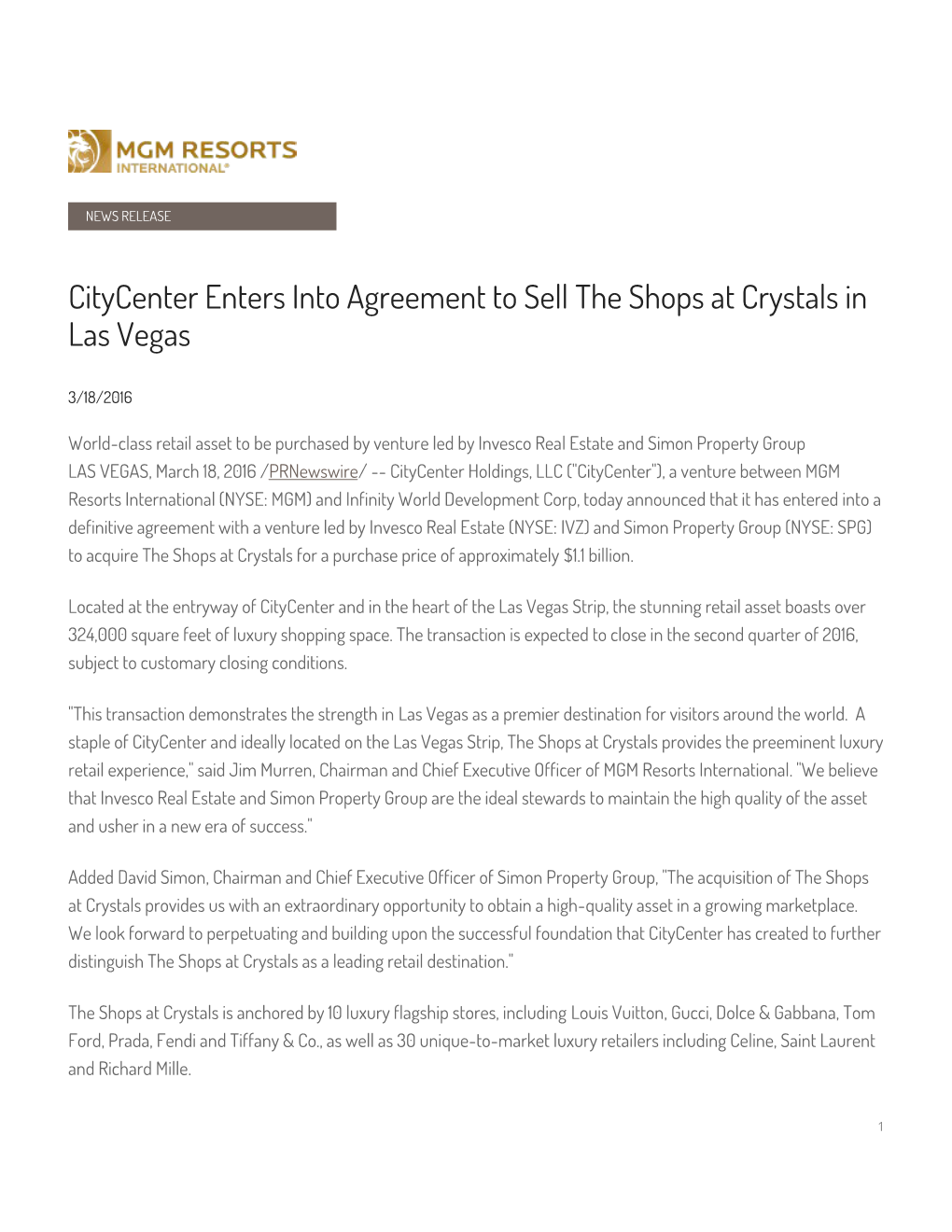 Citycenter Enters Into Agreement to Sell the Shops at Crystals in Las Vegas