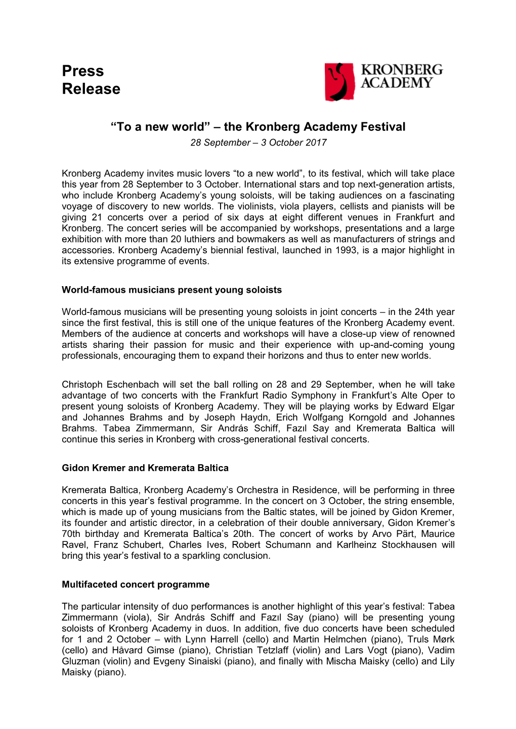 Presseinformation Kronberg Academy Festival 2017