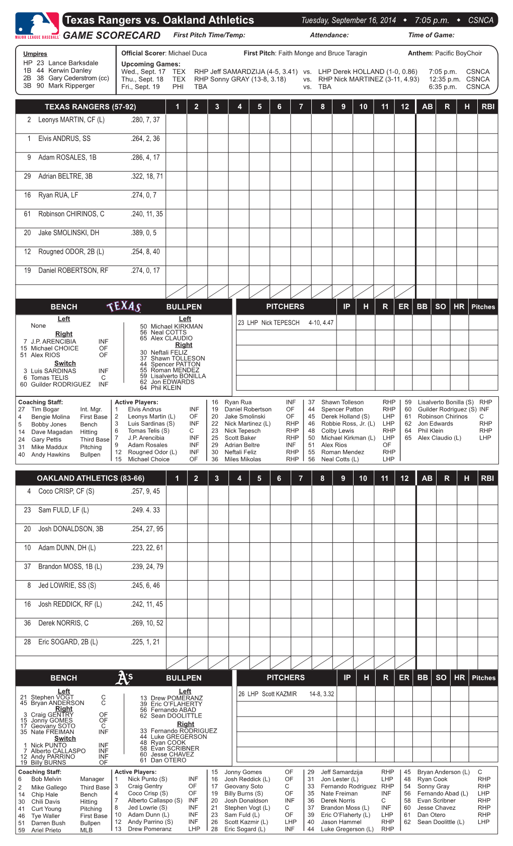 Texas Rangers Vs. Oakland Athletics Tuesday, September 16, 2014 W 7:05 P.M