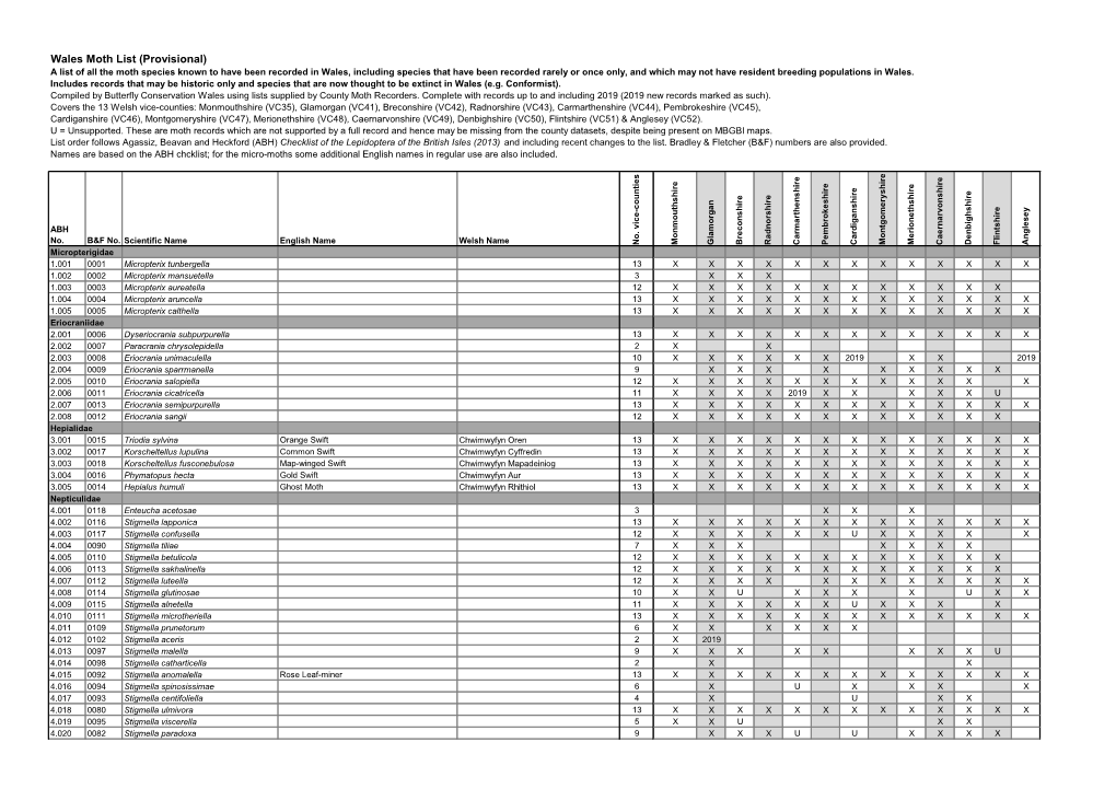 Wales Moth List 2019