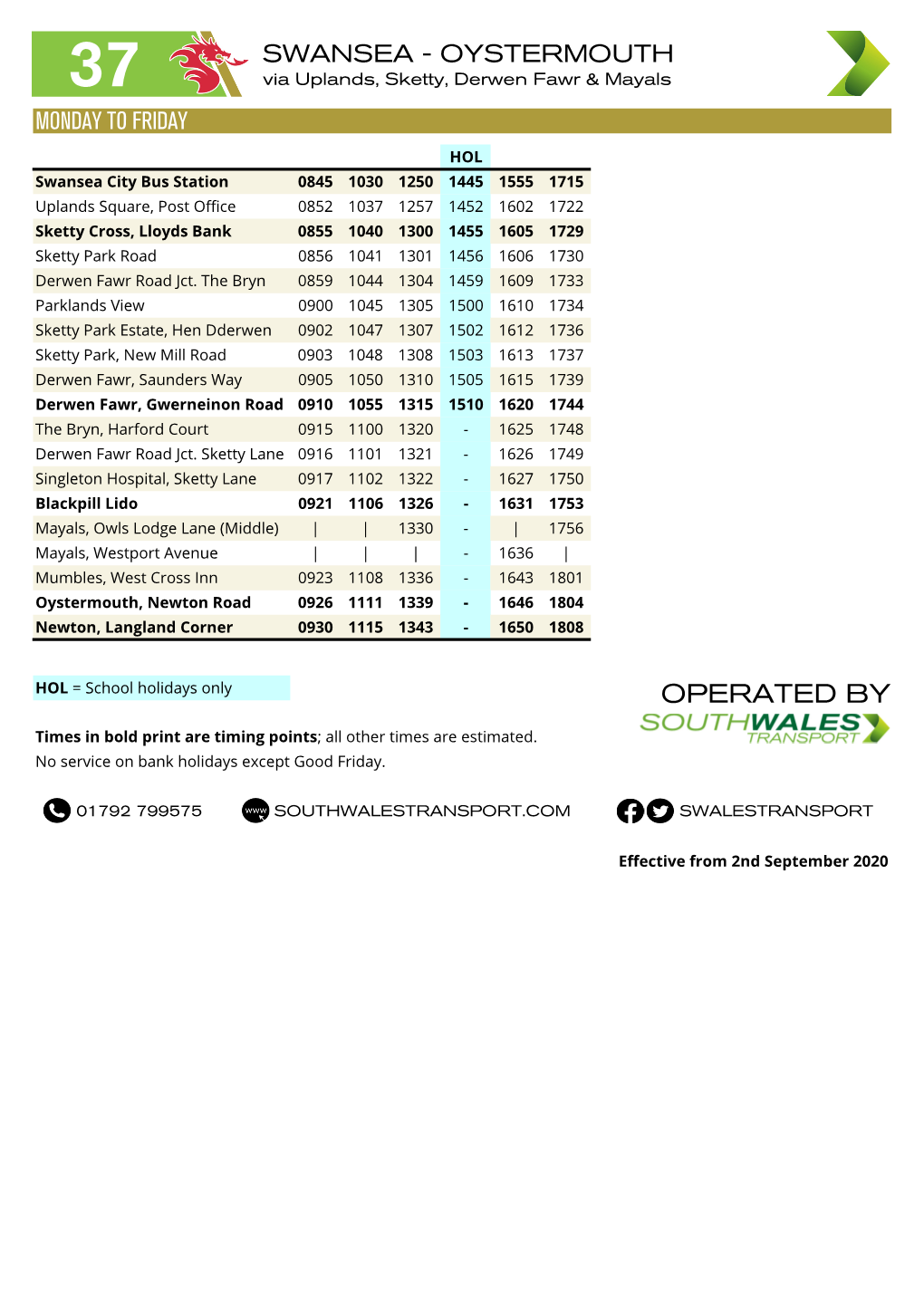 SWANSEA - OYSTERMOUTH 37 Via Uplands, Sketty, Derwen Fawr & Mayals MONDAY to FRIDAY