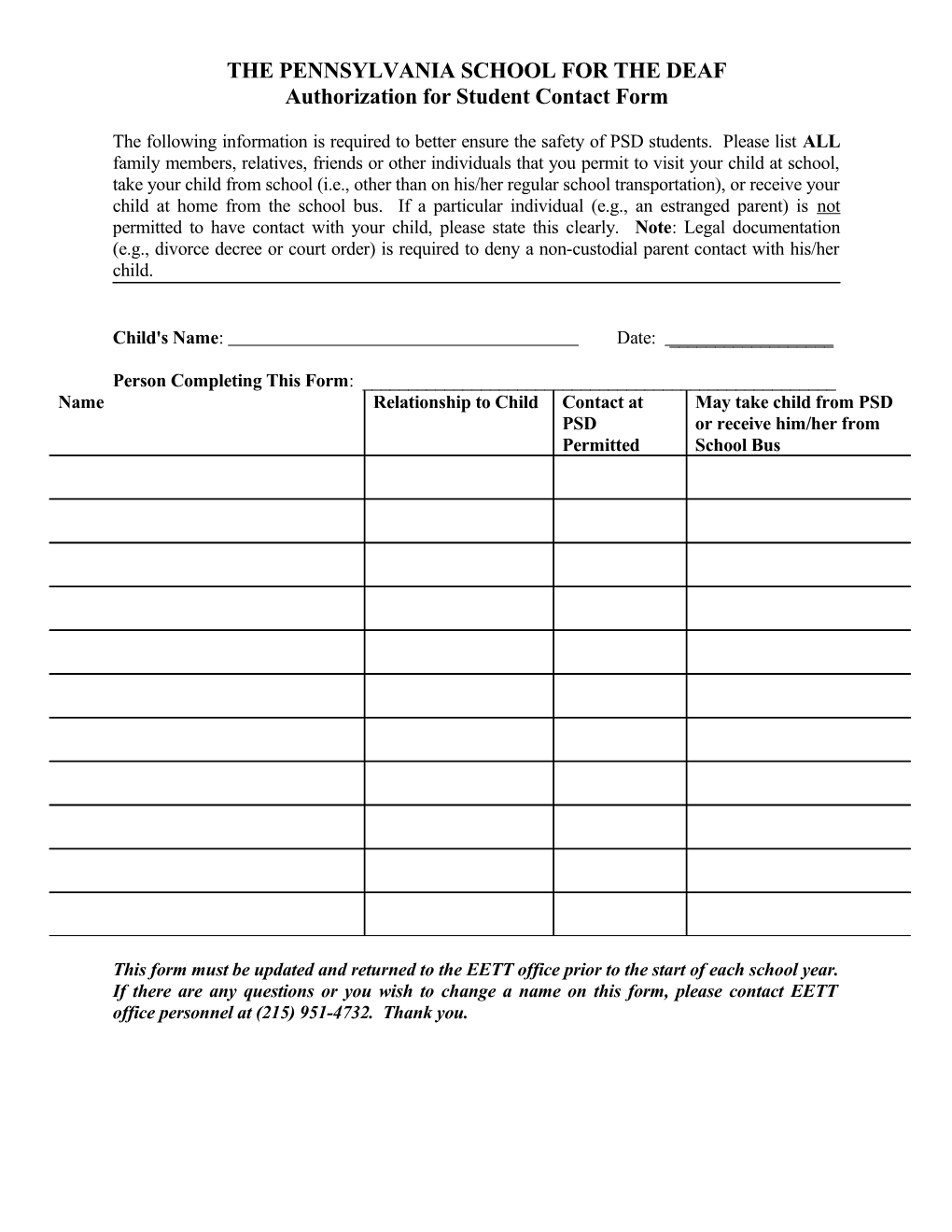 Authorization for Student Contact Form