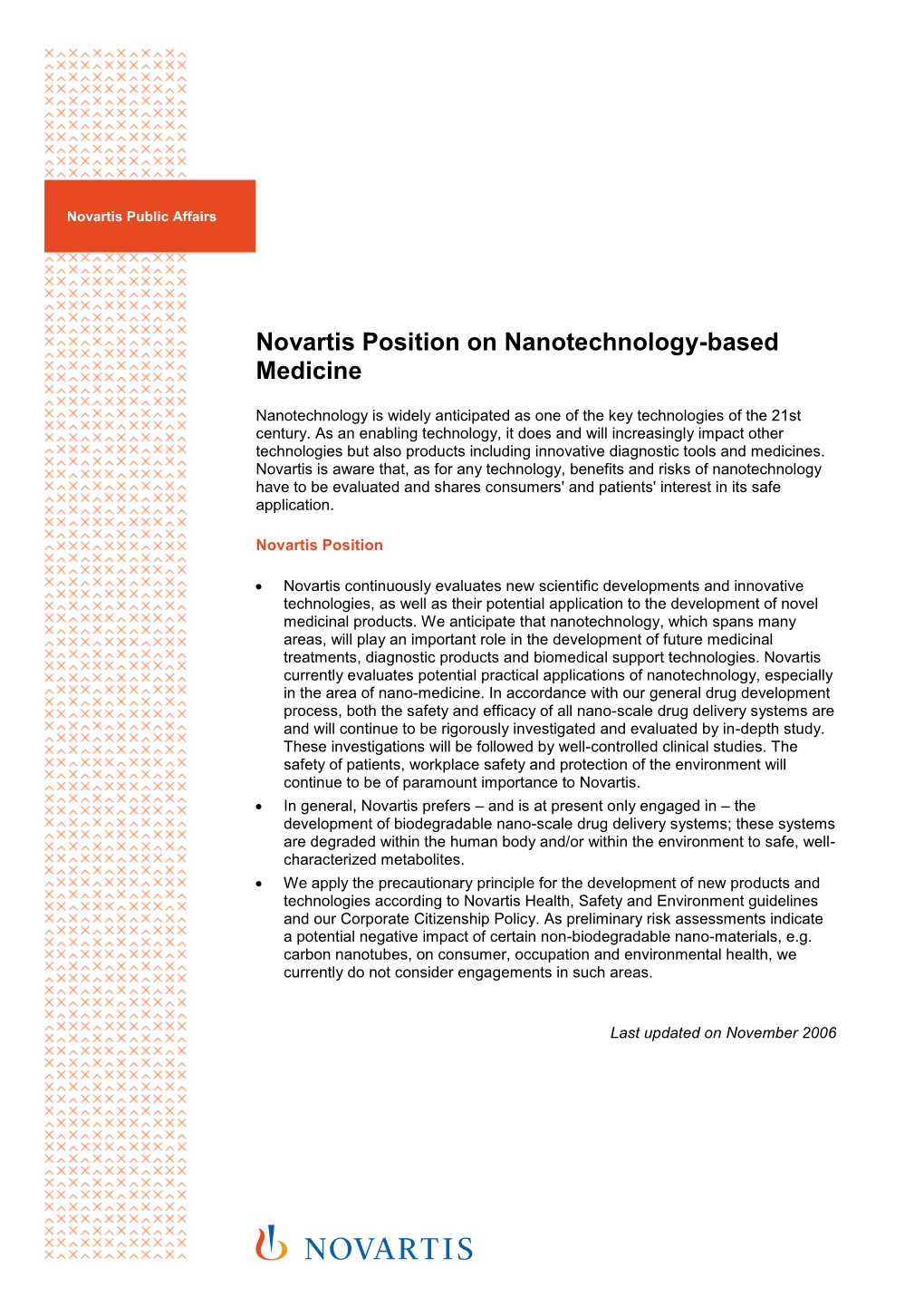 Novartis Position on Nanotechnology-Based Medicine